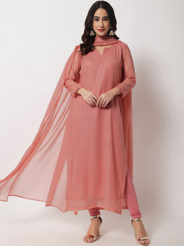 anokherang Combos Pink Glam Foil Lines Straight Kurti with Chudidar and Foil Dupatta