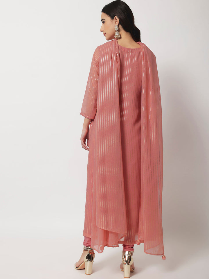 anokherang Combos Pink Glam Foil Lines Straight Kurti with Chudidar and Foil Dupatta