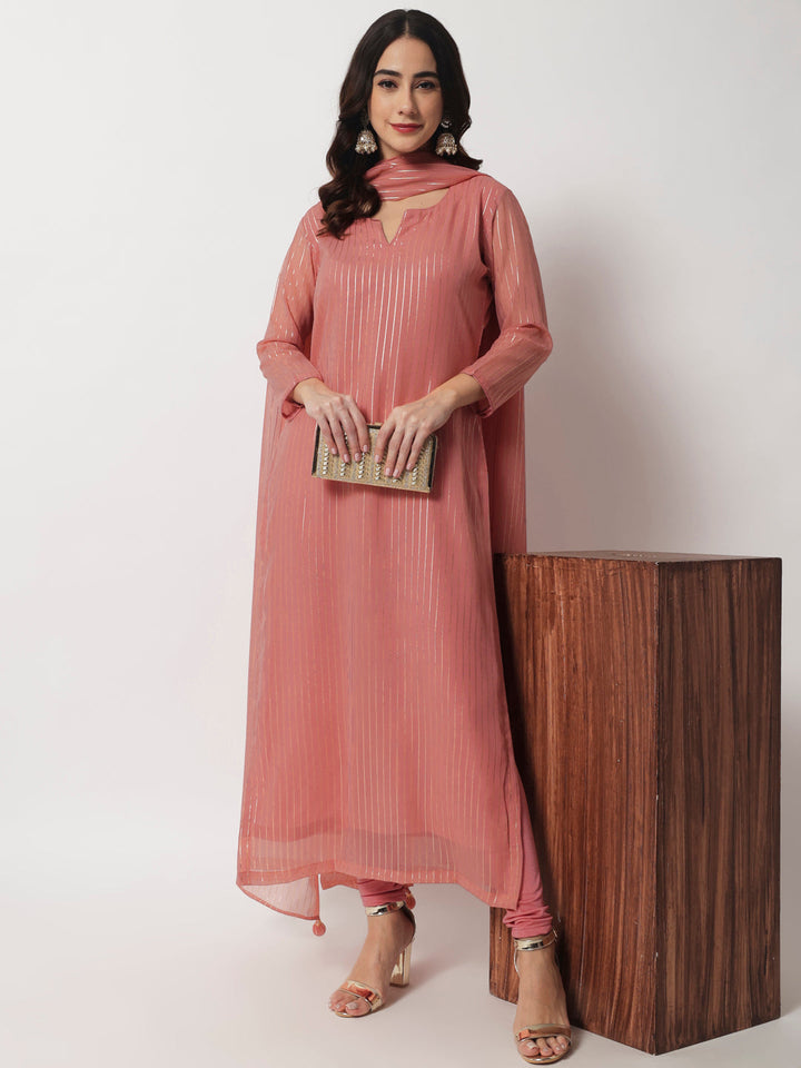 anokherang Combos Pink Glam Foil Lines Straight Kurti with Chudidar and Foil Dupatta