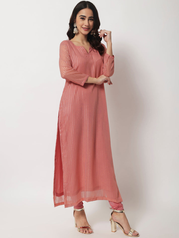 anokherang Combos Pink Glam Foil Lines Straight Kurti with Chudidar and Foil Dupatta