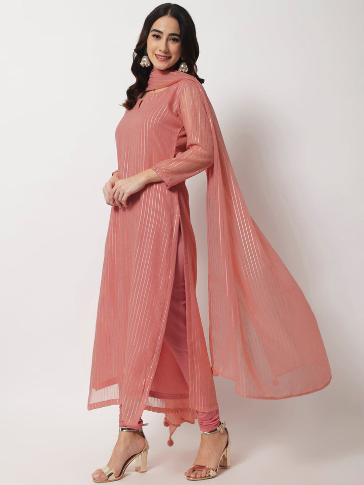anokherang Combos Pink Glam Foil Lines Straight Kurti with Chudidar and Foil Dupatta
