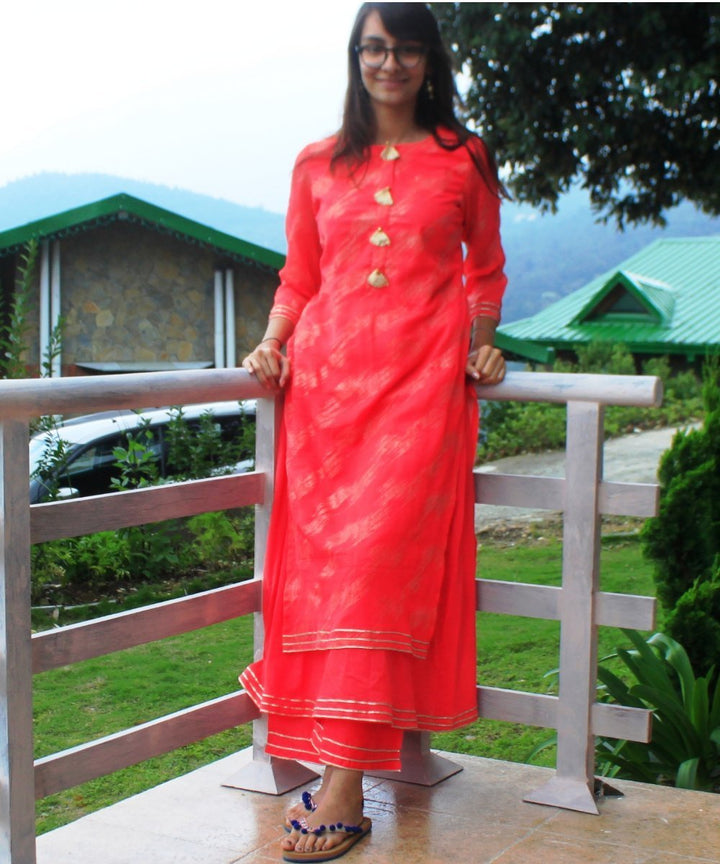 anokherang Combos Pink Gold Double Layered Kurti with Straight Palazzos