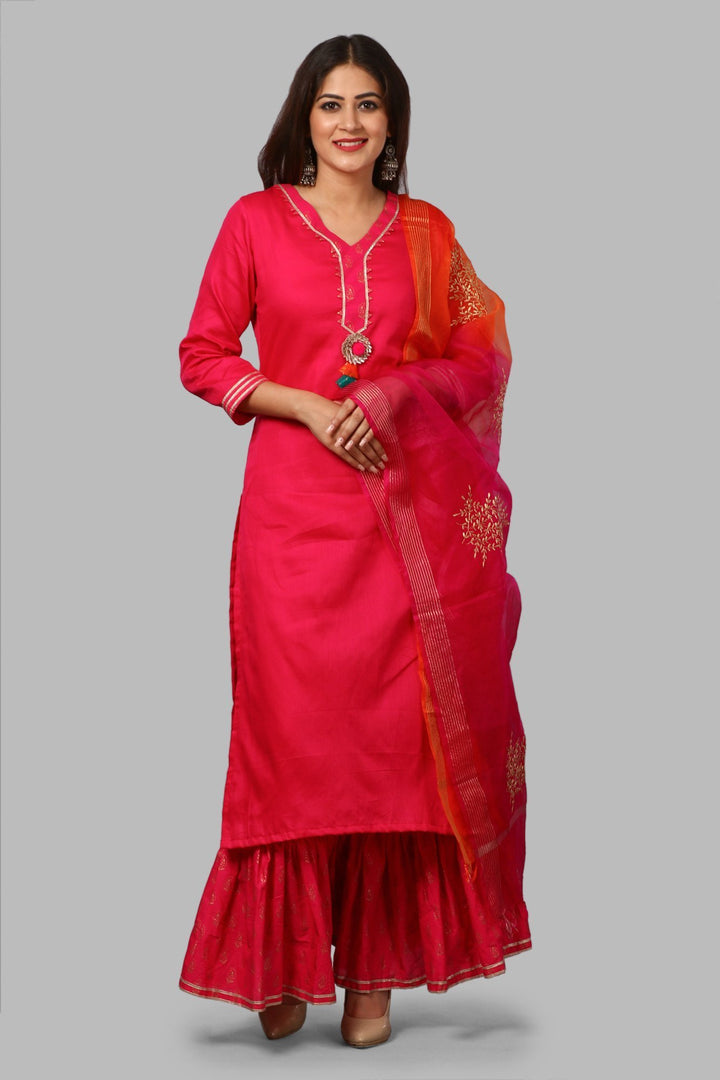anokherang Combos Pink Gold Khadhi Kurti with Ruffled Khadhi Palazzos and Festive Dupatta