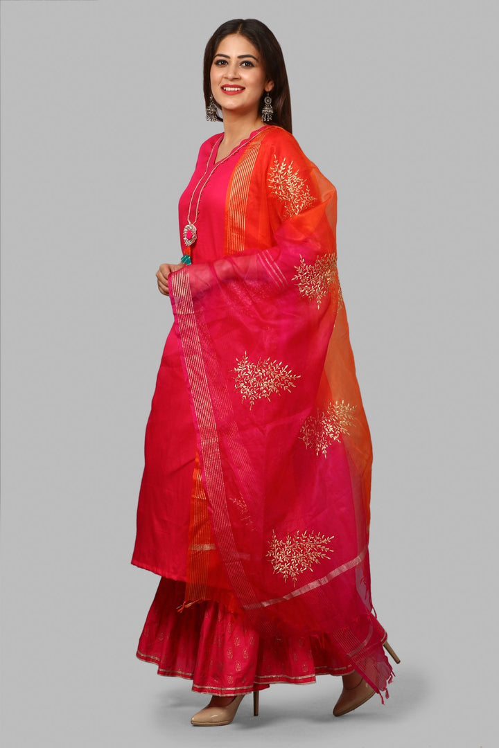 anokherang Combos Pink Gold Khadhi Kurti with Ruffled Khadhi Palazzos and Festive Dupatta