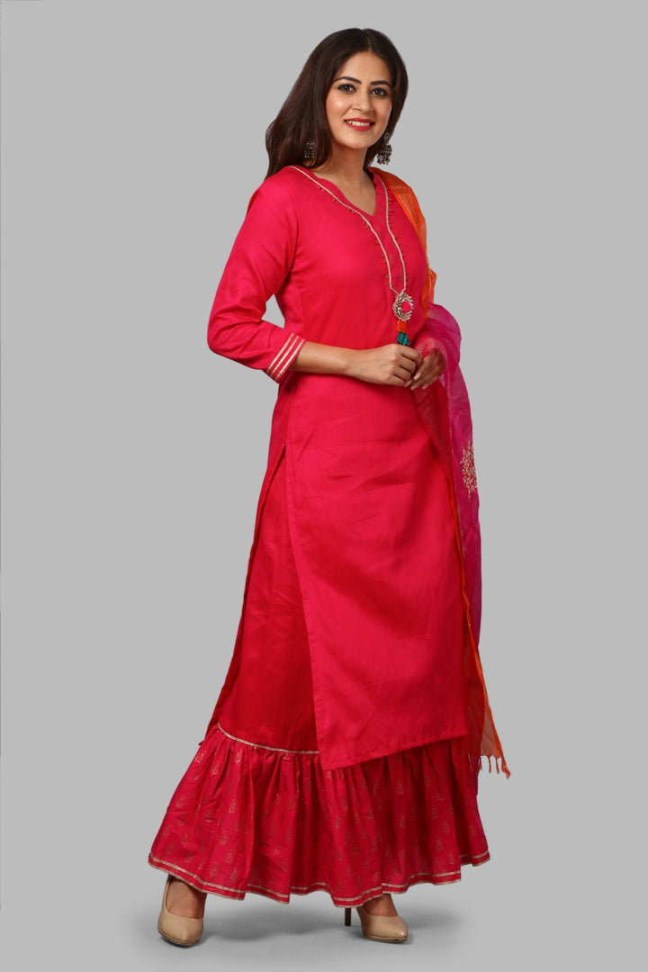 anokherang Combos Pink Gold Khadhi Kurti with Ruffled Khadhi Palazzos and Festive Dupatta