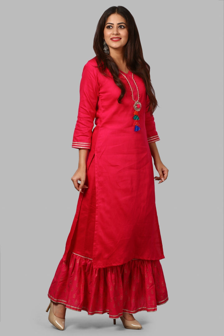 anokherang Combos Pink Gold Khadhi Kurti with Ruffled Khadhi Palazzos and Festive Dupatta