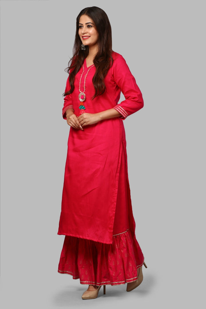 anokherang Combos Pink Gold Khadhi Kurti with Ruffled Khadhi Palazzos and Festive Dupatta