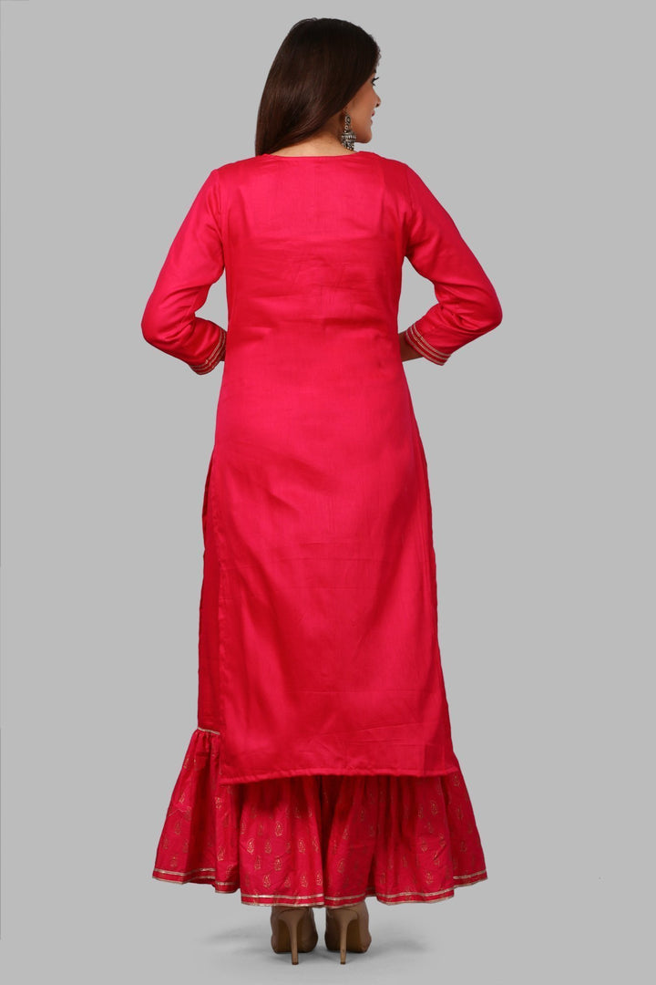 anokherang Combos Pink Gold Khadhi Kurti with Ruffled Khadhi Palazzos and Festive Dupatta