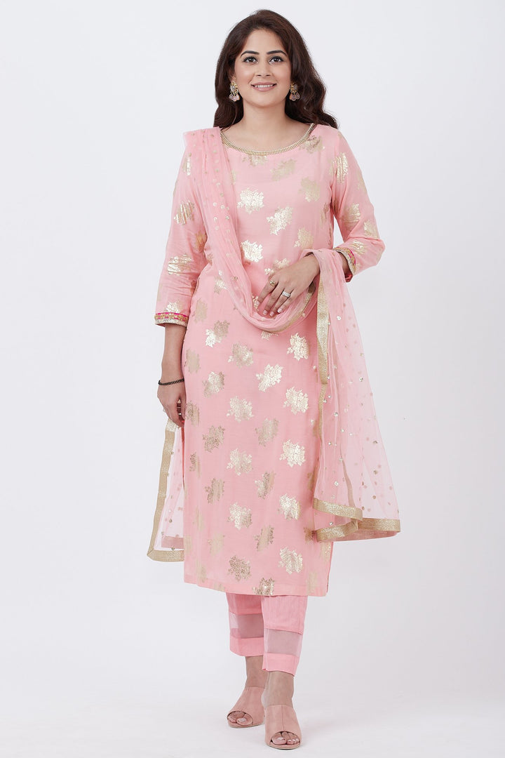 anokherang Combos Pink Jewel Design Kurti with Designer Pants and Net Sequins Dupatta