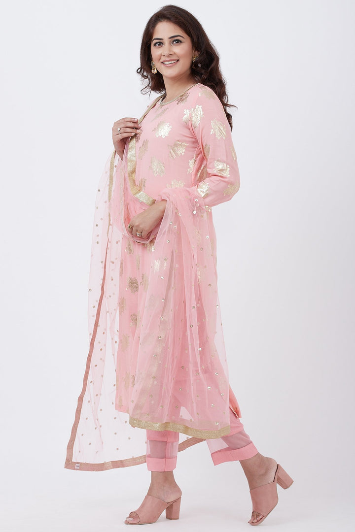 anokherang Combos Pink Jewel Design Kurti with Designer Pants and Net Sequins Dupatta