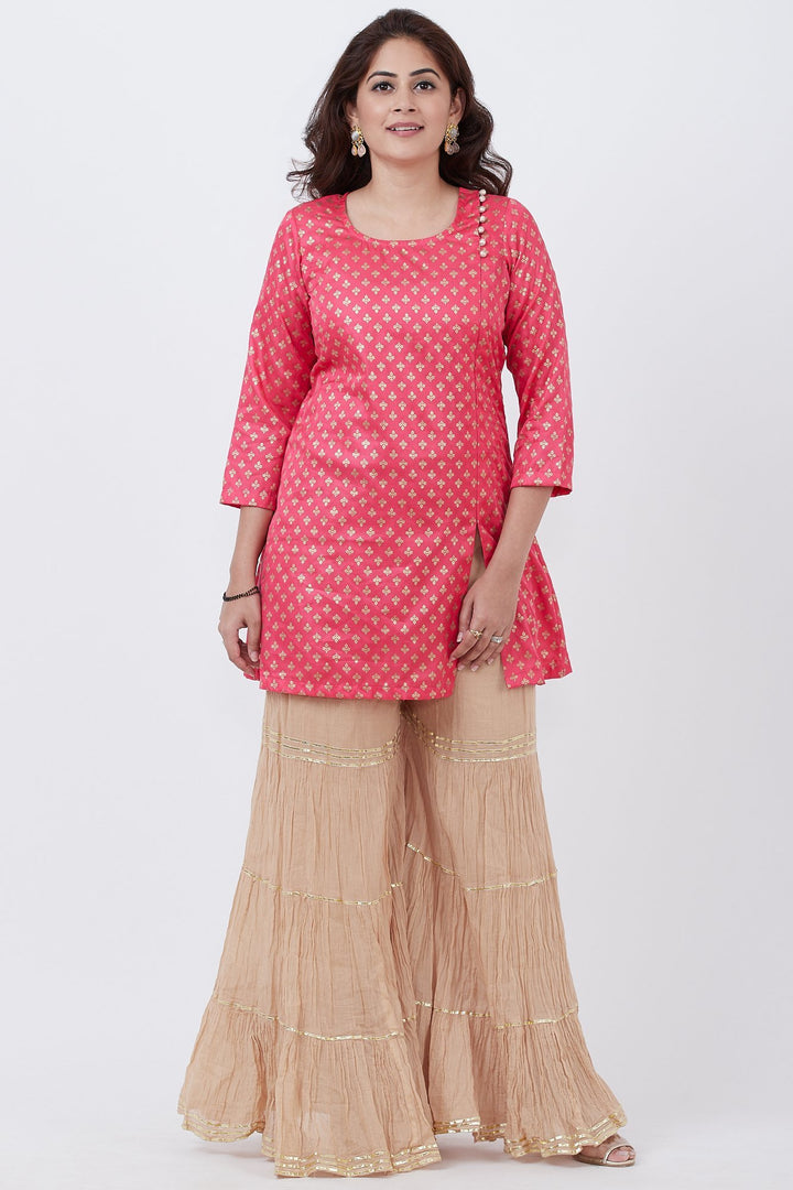 anokherang Combos Pink Khadhi Print Short Kurti with Golden Sharara