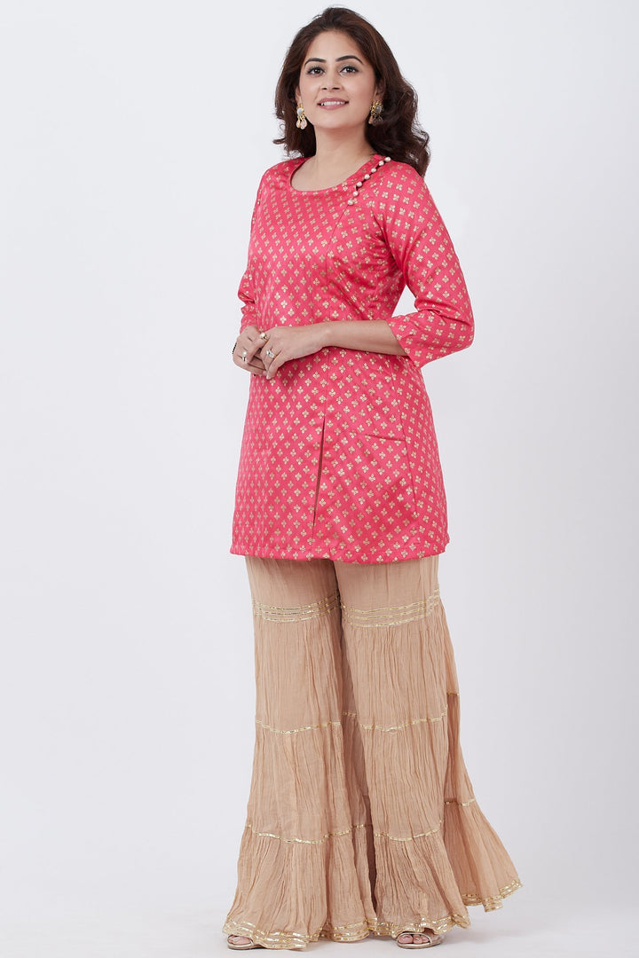 anokherang Combos Pink Khadhi Print Short Kurti with Golden Sharara