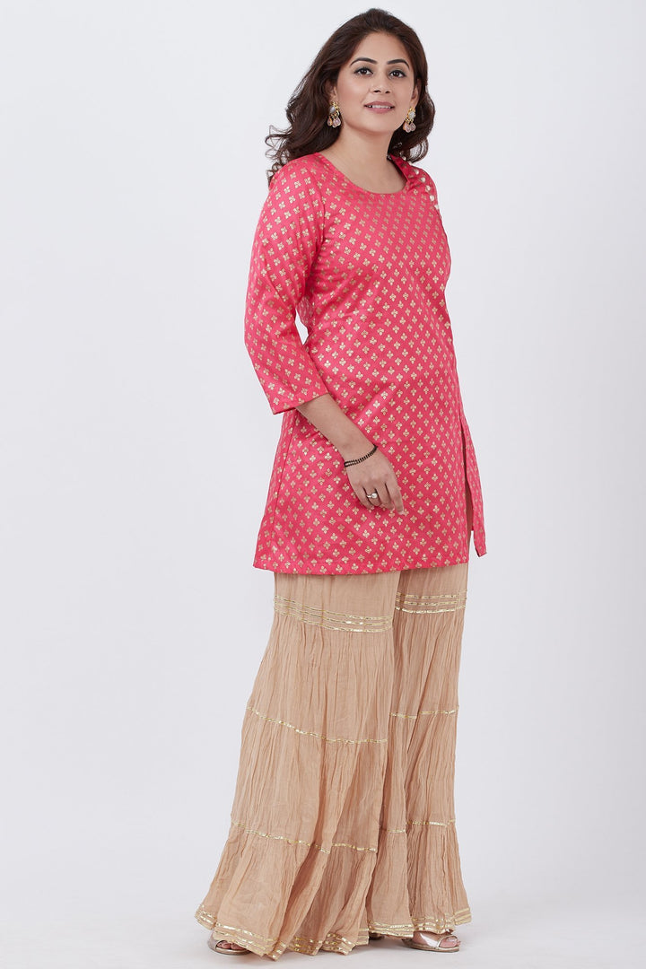 anokherang Combos Pink Khadhi Print Short Kurti with Golden Sharara