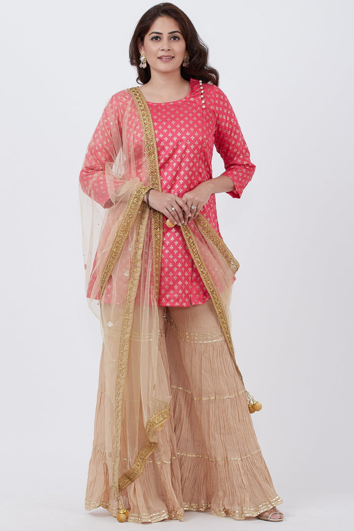 anokherang Combos Pink Khadhi Print Short Kurti with Golden Sharara and Dupatta