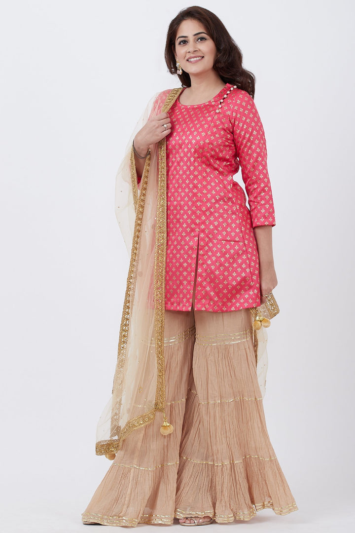anokherang Combos Pink Khadhi Print Short Kurti with Golden Sharara and Dupatta
