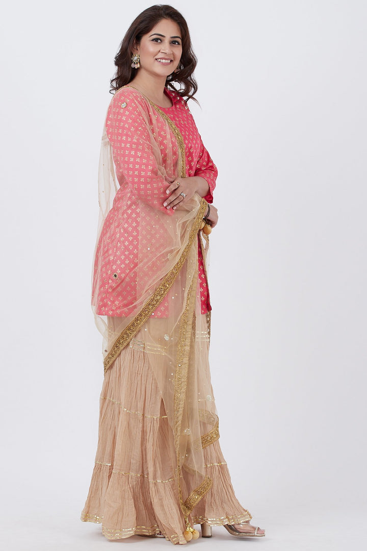 anokherang Combos Pink Khadhi Print Short Kurti with Golden Sharara and Dupatta