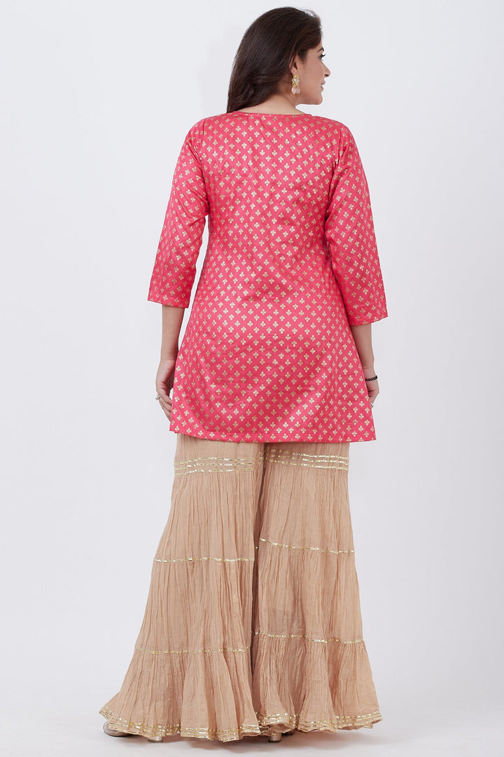 anokherang Combos Pink Khadhi Print Short Kurti with Golden Sharara and Dupatta