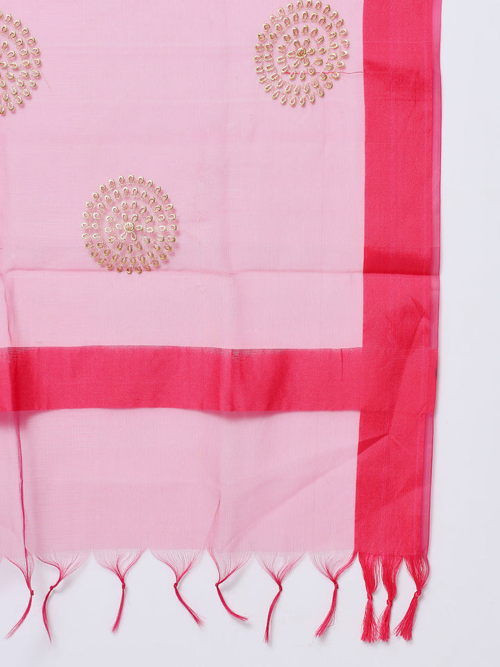 anokherang Combos Pink Kundan Silk Kurti with Straight Pants and Dupatta