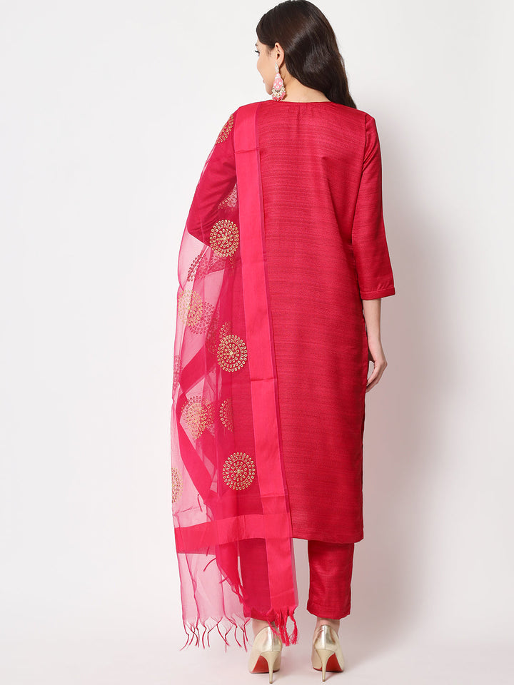 anokherang Combos Pink Kundan Silk Kurti with Straight Pants and Dupatta
