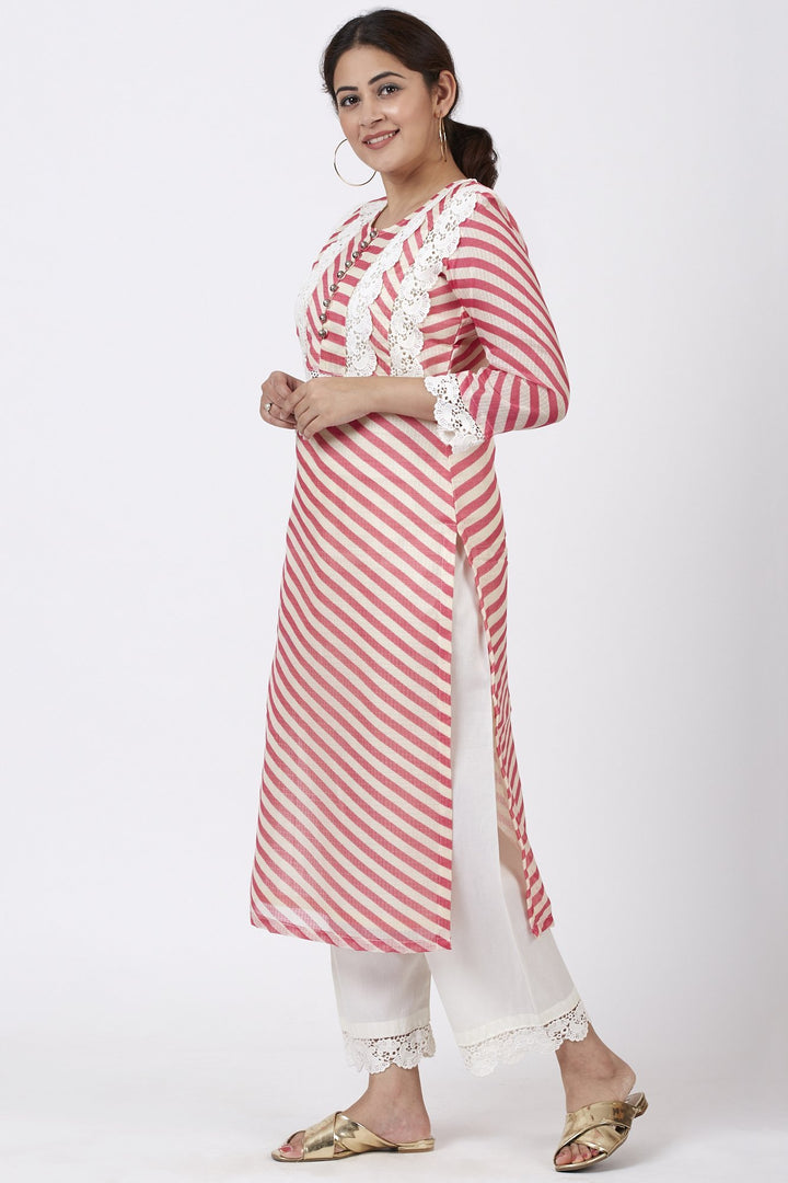 anokherang Combos Pink Leheriya Crochet Straight Kurti with Crochet Pants