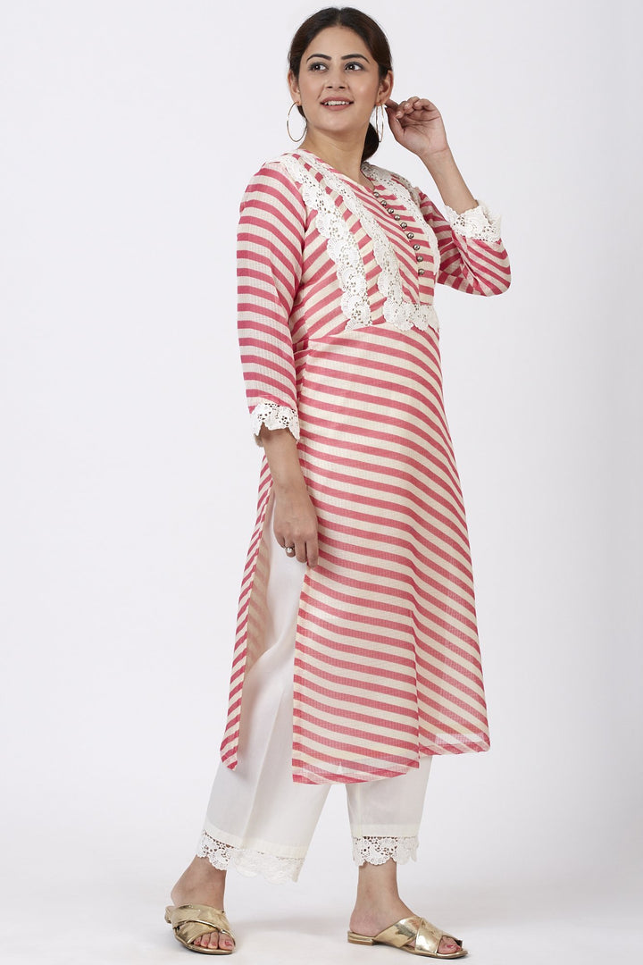 anokherang Combos Pink Leheriya Crochet Straight Kurti with Crochet Pants