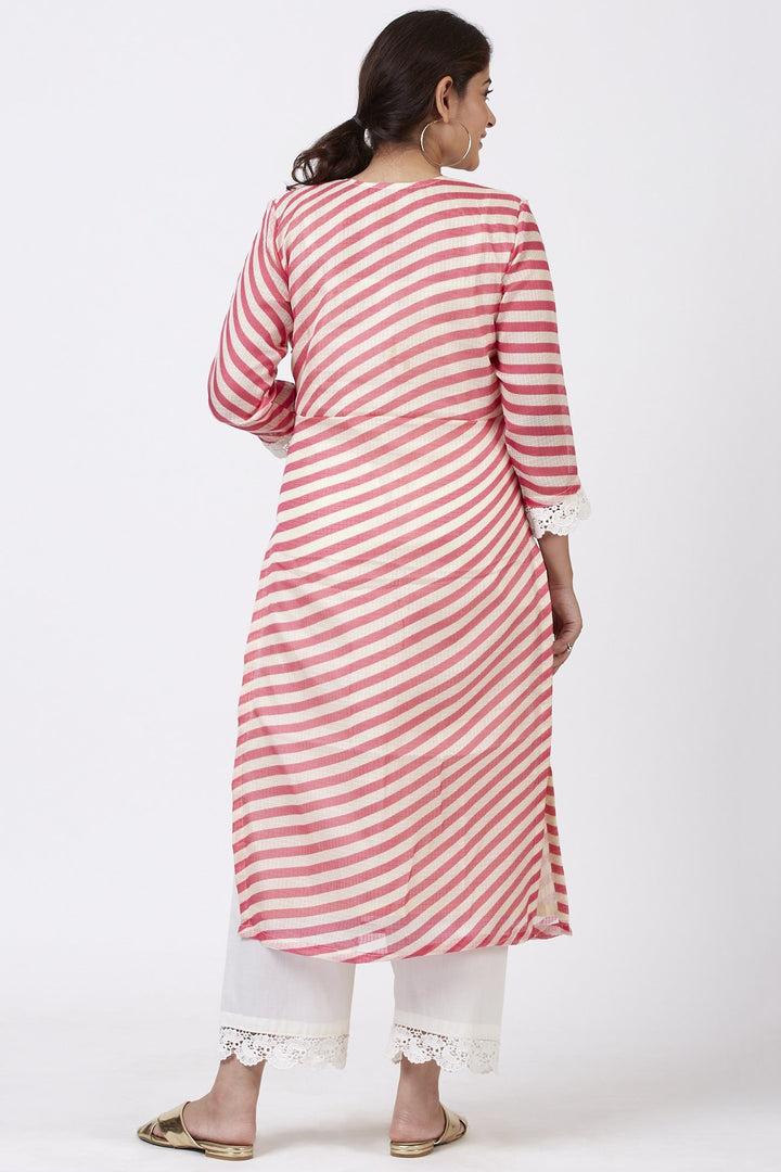 anokherang Combos Pink Leheriya Crochet Straight Kurti with Crochet Pants