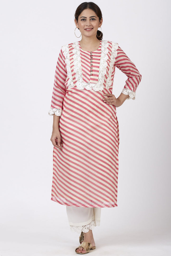 anokherang Combos Pink Leheriya Crochet Straight Kurti with Crochet Pants
