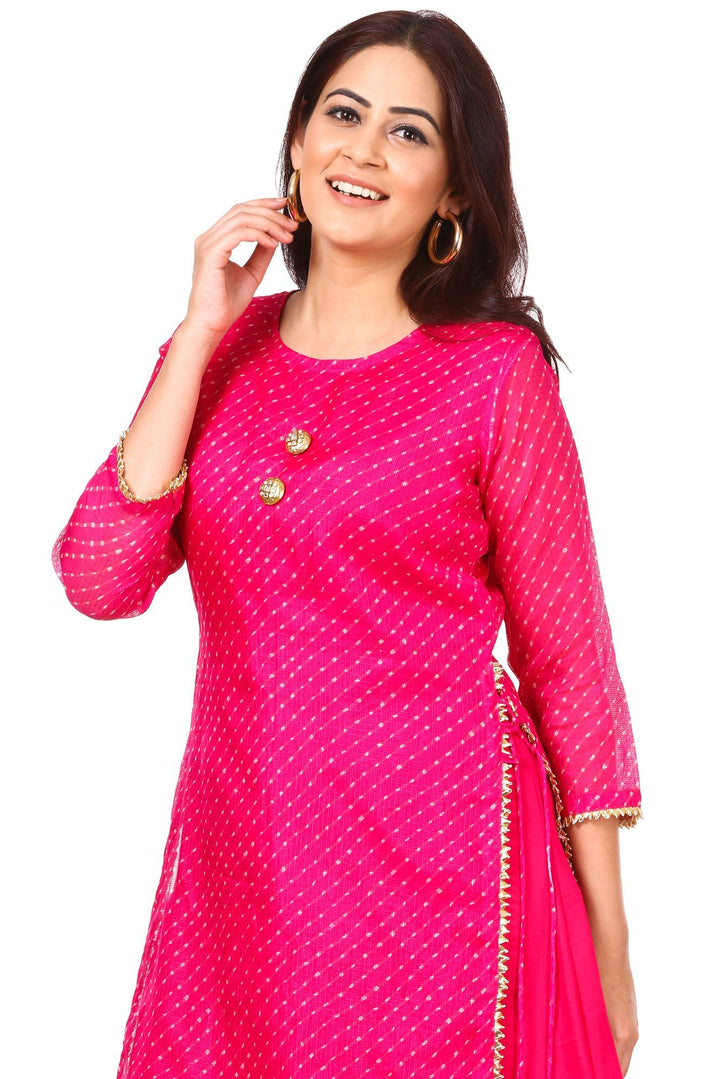 anokherang Combos Pink Leheriya Double Layered Kurti with Flared Palazzos
