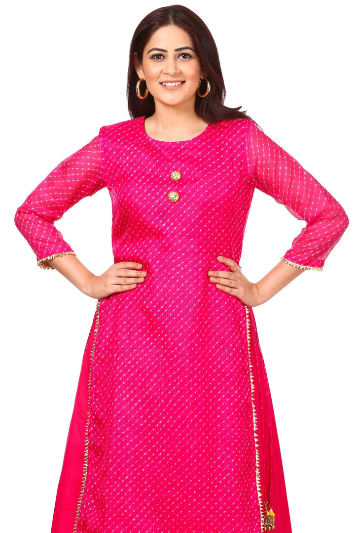 anokherang Combos Pink Leheriya Double Layered Kurti with Flared Palazzos