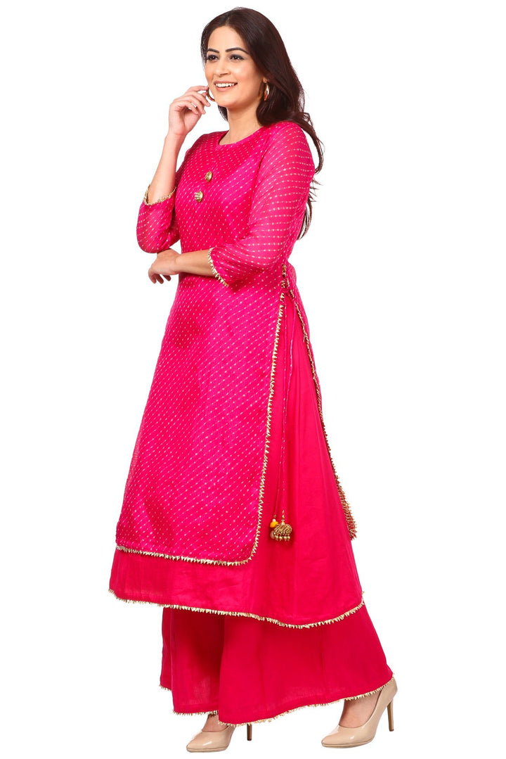 anokherang Combos Pink Leheriya Double Layered Kurti with Flared Palazzos