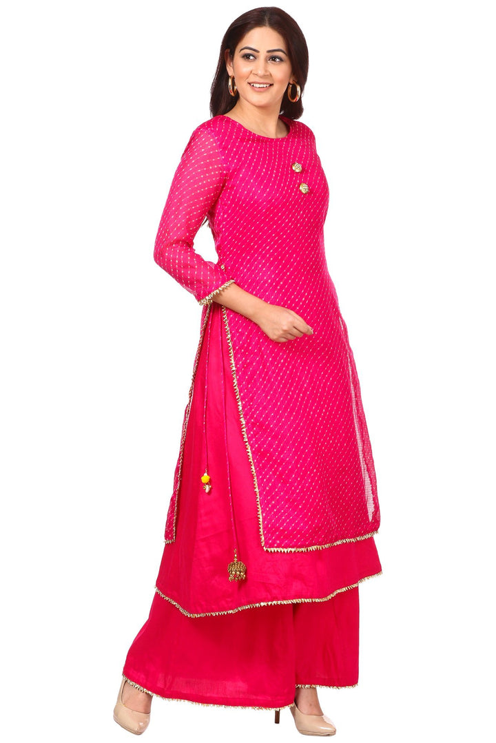 anokherang Combos Pink Leheriya Double Layered Kurti with Flared Palazzos