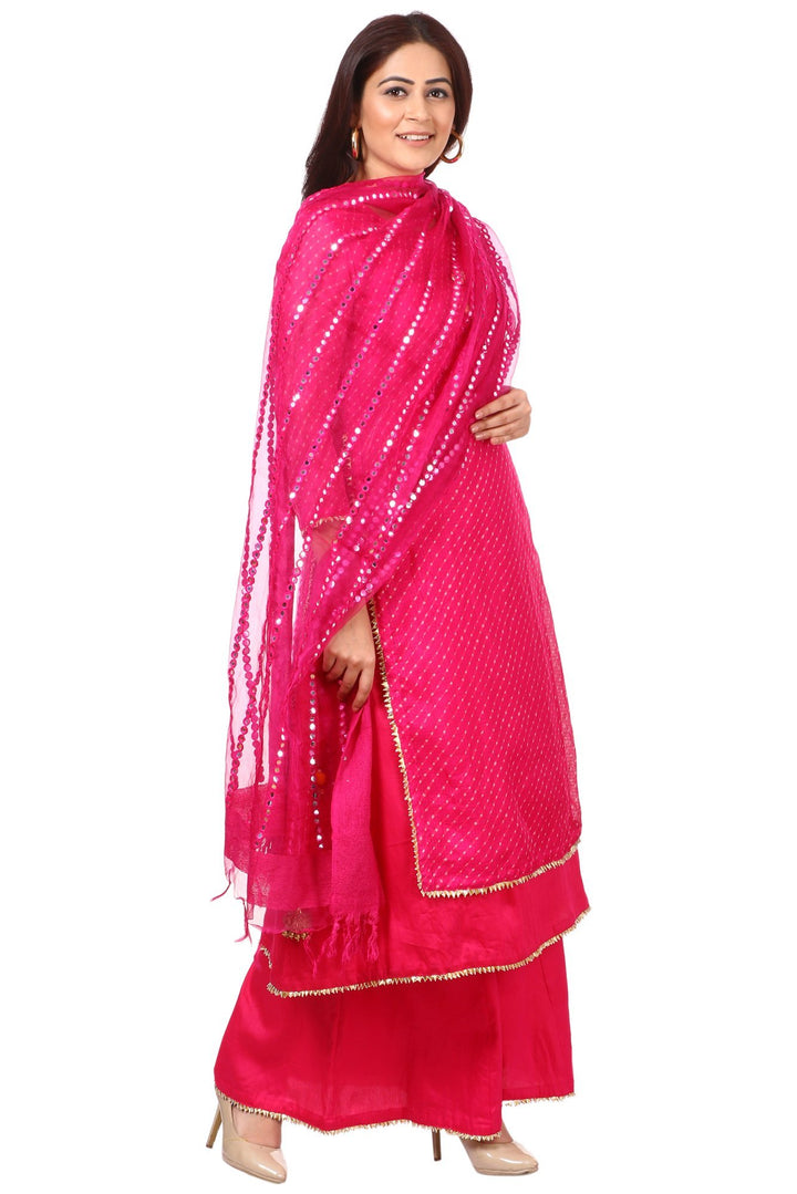 anokherang Combos Pink Leheriya Double Layered Kurti with Flared Palazzos and Mirror Work Dupatta
