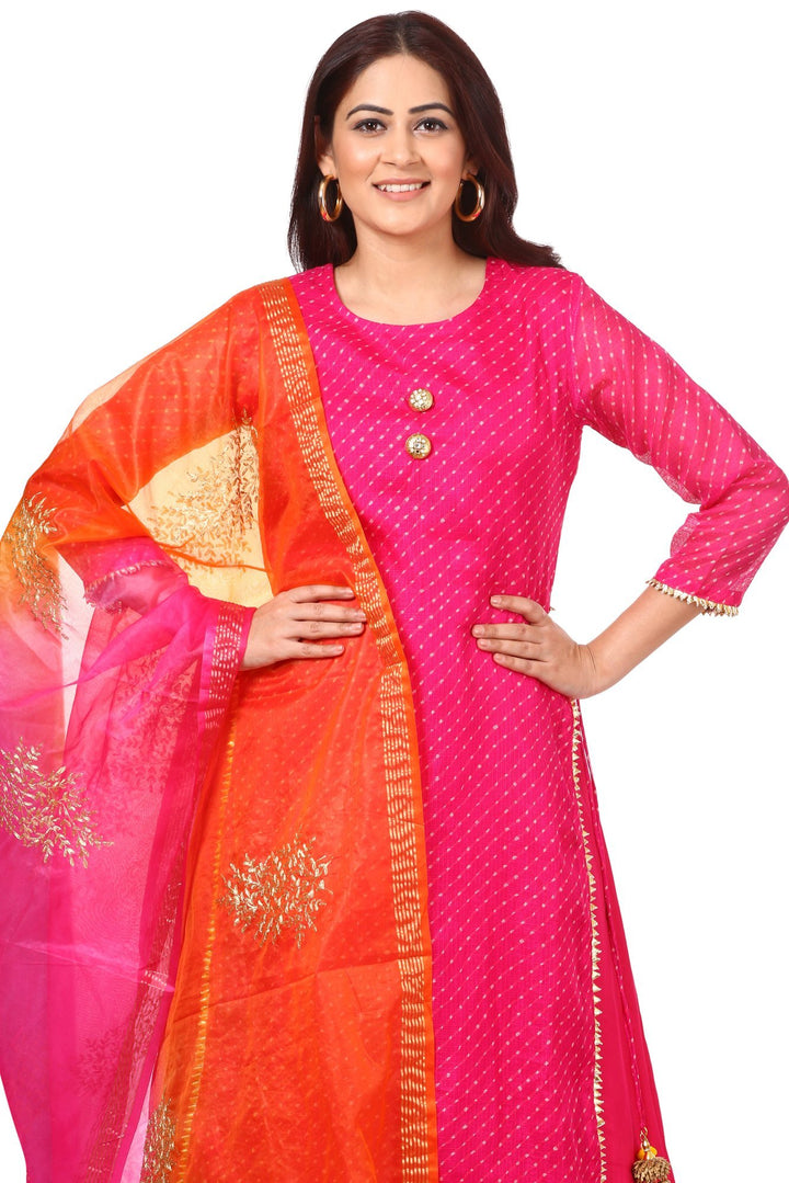 anokherang Combos Pink Leheriya Double Layered Kurti with Flared Palazzos and Shaded Festive Dupatta