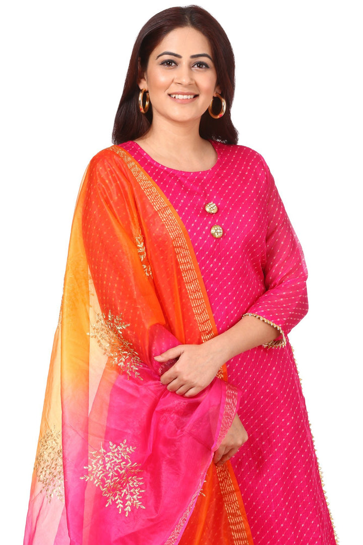 anokherang Combos Pink Leheriya Double Layered Kurti with Flared Palazzos and Shaded Festive Dupatta