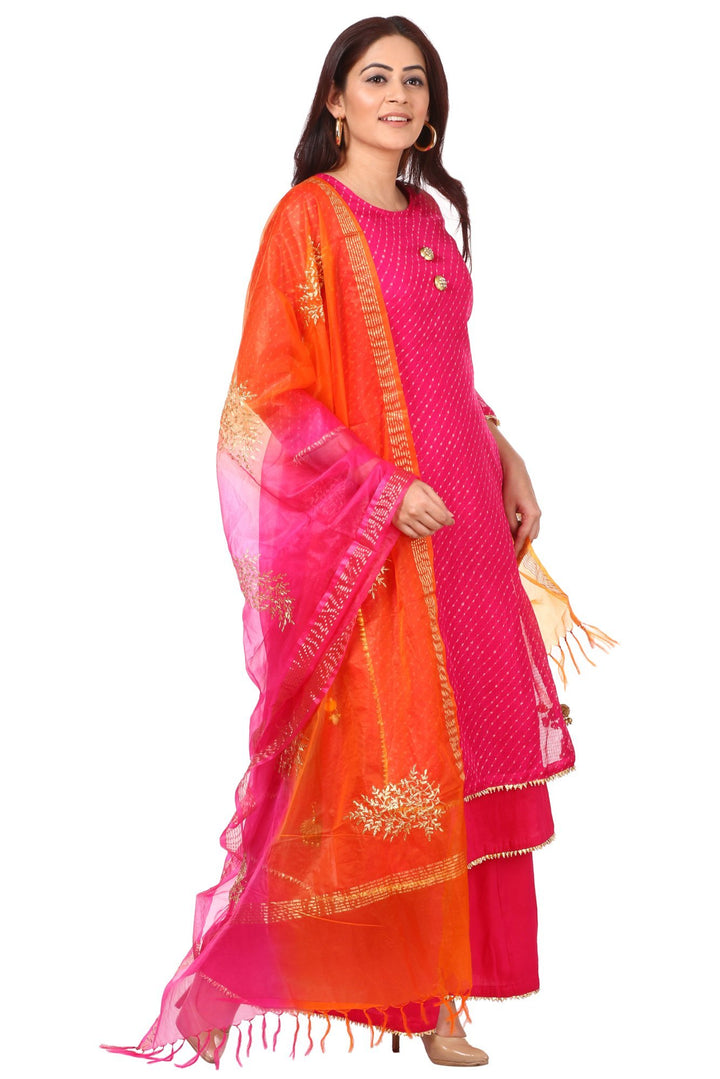 anokherang Combos Pink Leheriya Double Layered Kurti with Flared Palazzos and Shaded Festive Dupatta