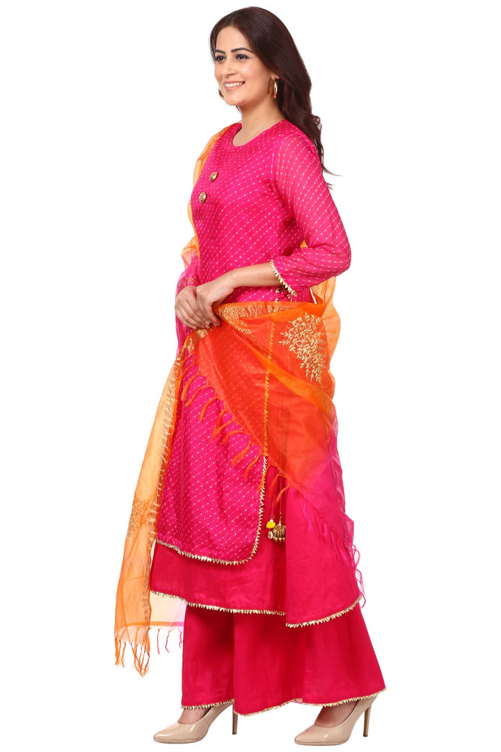 anokherang Combos Pink Leheriya Double Layered Kurti with Flared Palazzos and Shaded Festive Dupatta