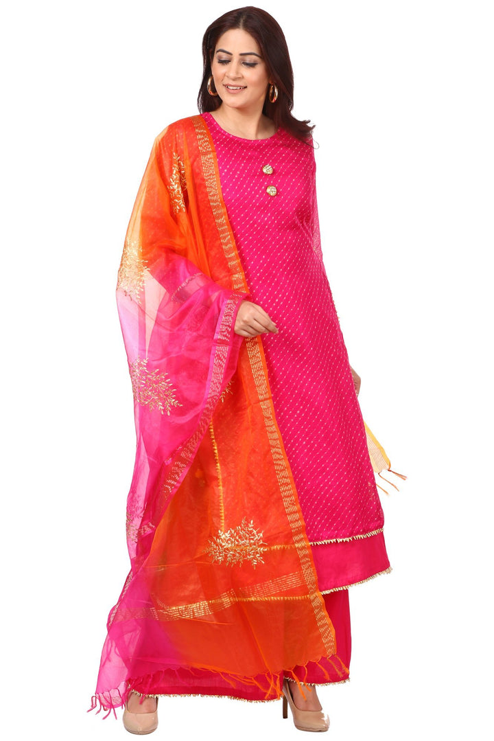 anokherang Combos Pink Leheriya Double Layered Kurti with Flared Palazzos and Shaded Festive Dupatta