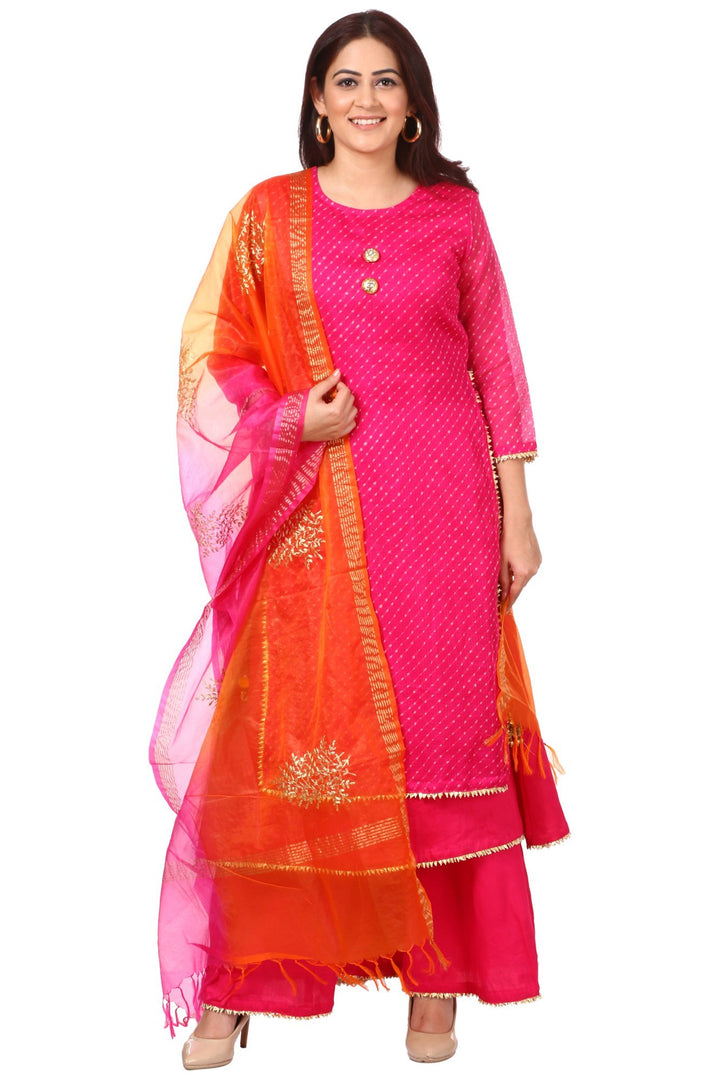 anokherang Combos Pink Leheriya Double Layered Kurti with Flared Palazzos and Shaded Festive Dupatta