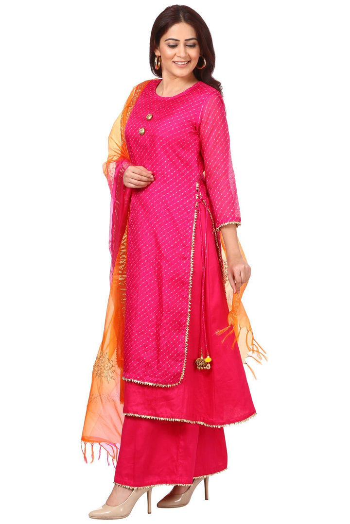 anokherang Combos Pink Leheriya Double Layered Kurti with Flared Palazzos and Shaded Festive Dupatta