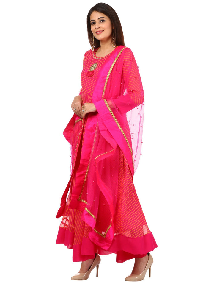 anokherang Combos Pink Leheriya Floor Length Kurti and Leggings with Hot Pink Pearls Net Dupatta