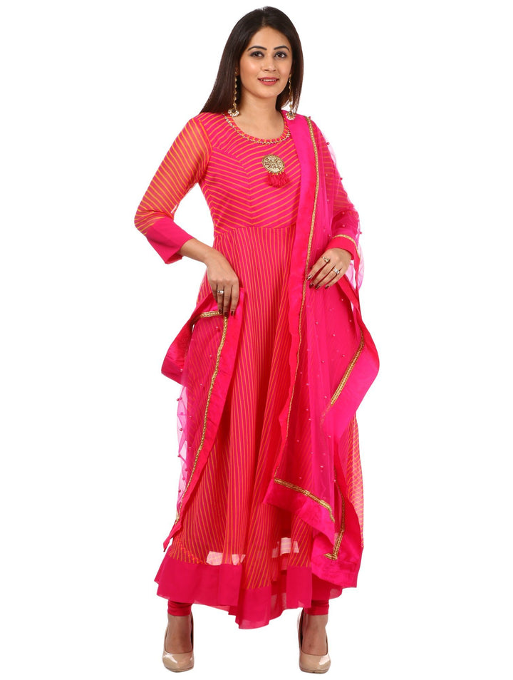 anokherang Combos Pink Leheriya Floor Length Kurti and Leggings with Hot Pink Pearls Net Dupatta