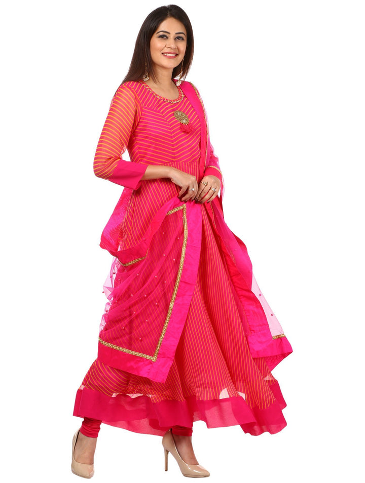 anokherang Combos Pink Leheriya Floor Length Kurti and Leggings with Hot Pink Pearls Net Dupatta