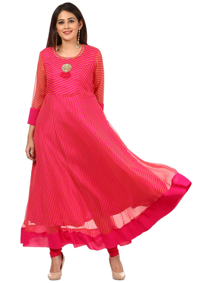 anokherang Combos Pink Leheriya Floor Length Kurti and Leggings with Hot Pink Pearls Net Dupatta