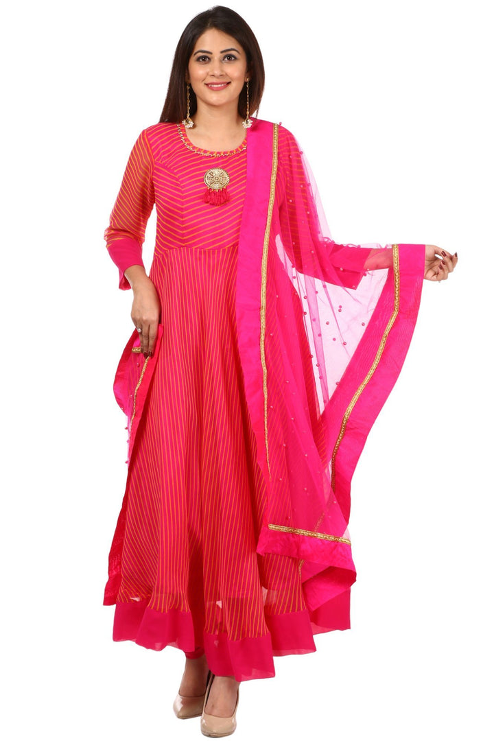 anokherang Combos Pink Leheriya Floor Length Kurti and Leggings with Hot Pink Pearls Net Dupatta