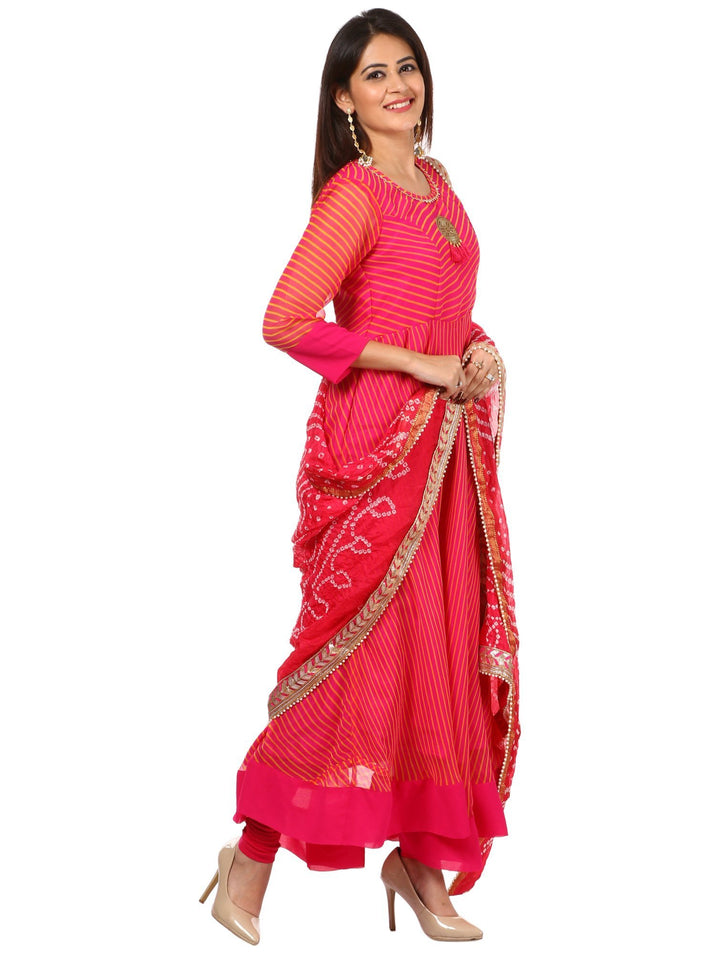 anokherang Combos Pink Leheriya Floor Length Kurti and Leggings with Pink Bandhani Dupatta