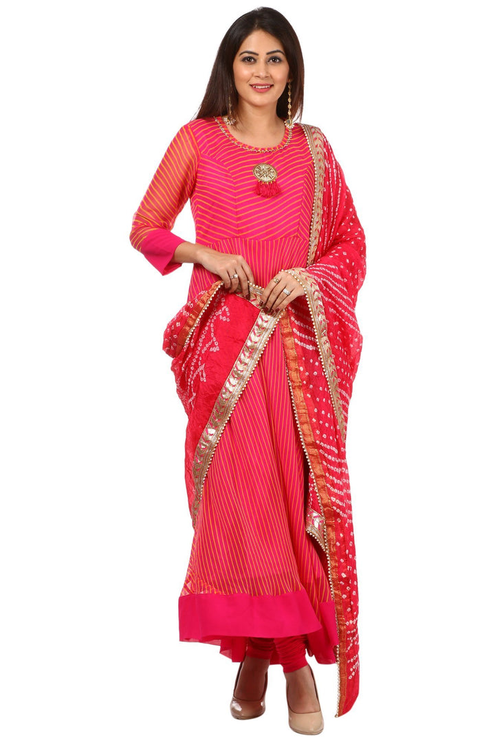 anokherang Combos Pink Leheriya Floor Length Kurti and Leggings with Pink Bandhani Dupatta