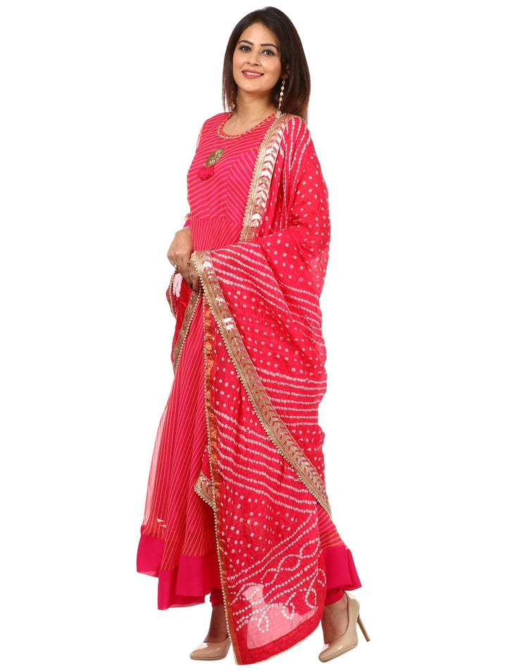 anokherang Combos Pink Leheriya Floor Length Kurti and Leggings with Pink Bandhani Dupatta