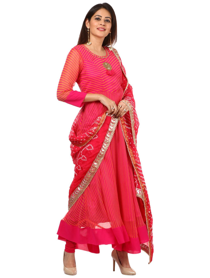 anokherang Combos Pink Leheriya Floor Length Kurti and Leggings with Pink Bandhani Dupatta