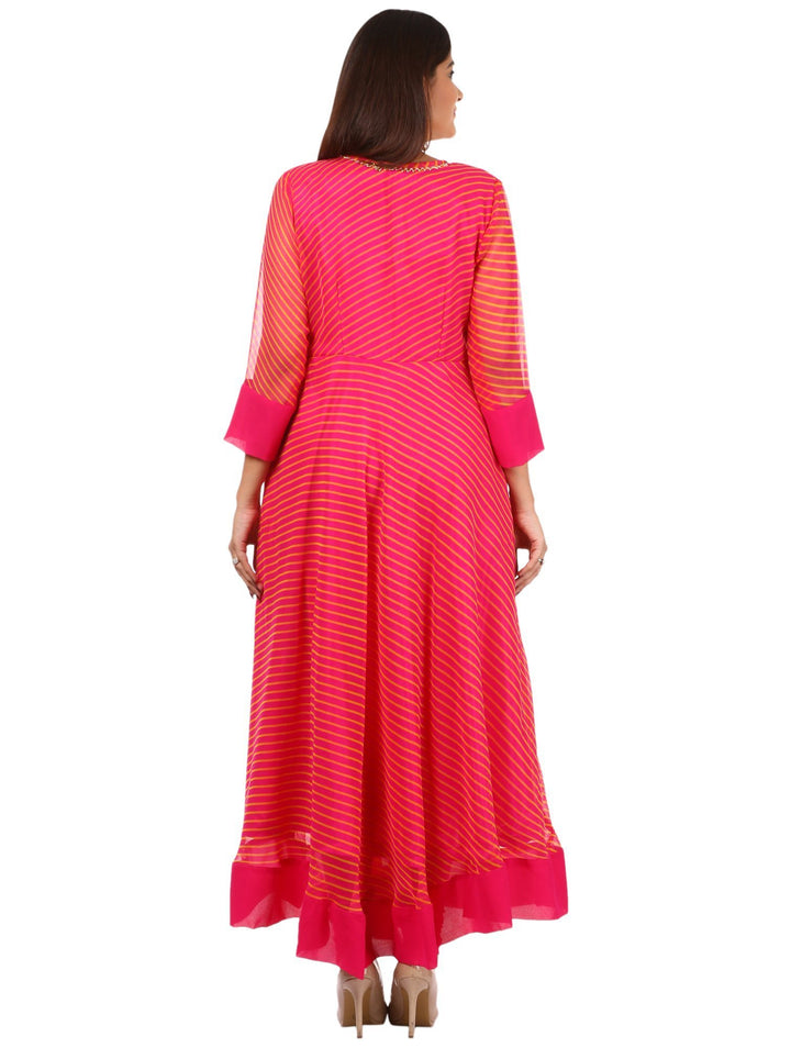 anokherang Combos Pink Leheriya Floor Length Kurti and Leggings with Pink Bandhani Dupatta