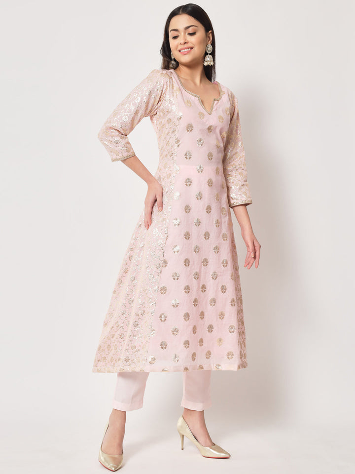 anokherang Combos Pink Lotus Chanderi Brocade A-Line Kurti with Pants